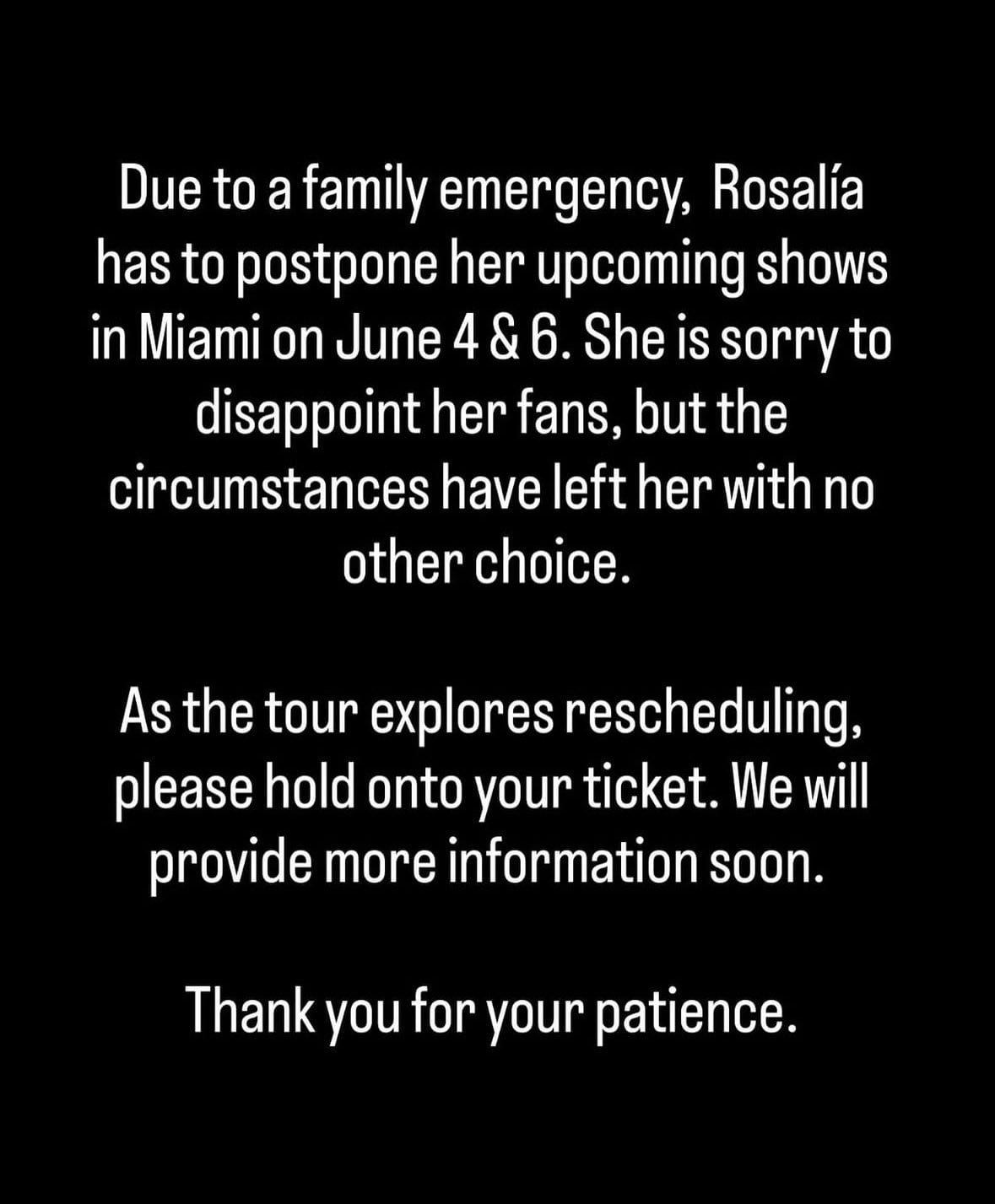 Comunicado de Live Nation sobre la cancelación de la gira de Rosalía en Florida