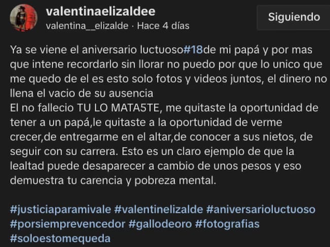 Valentina Elizalde manda polémico mensaje sobre la muerte de su papá