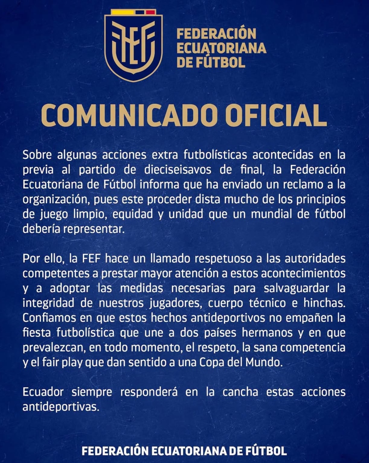 Comunicado Federación ecuatoriana