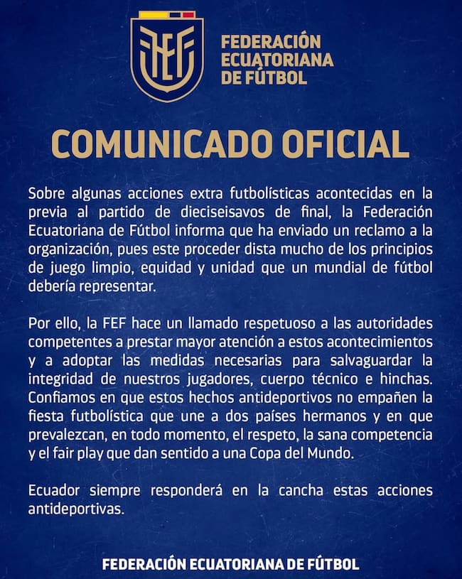 Comunicado Federación ecuatoriana