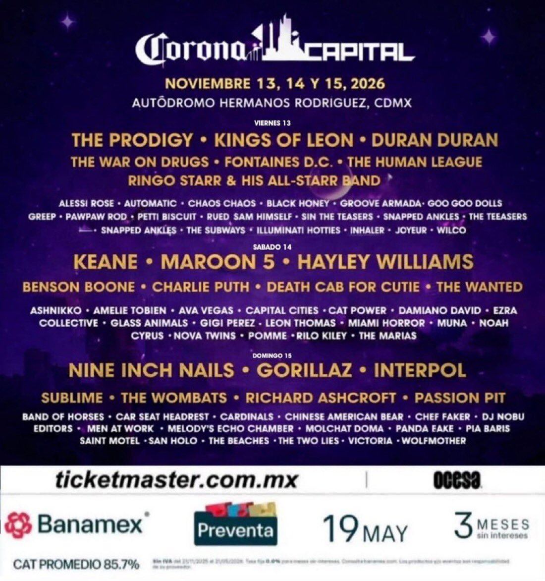 Cartel "tentativo" del Corona Capital 2026