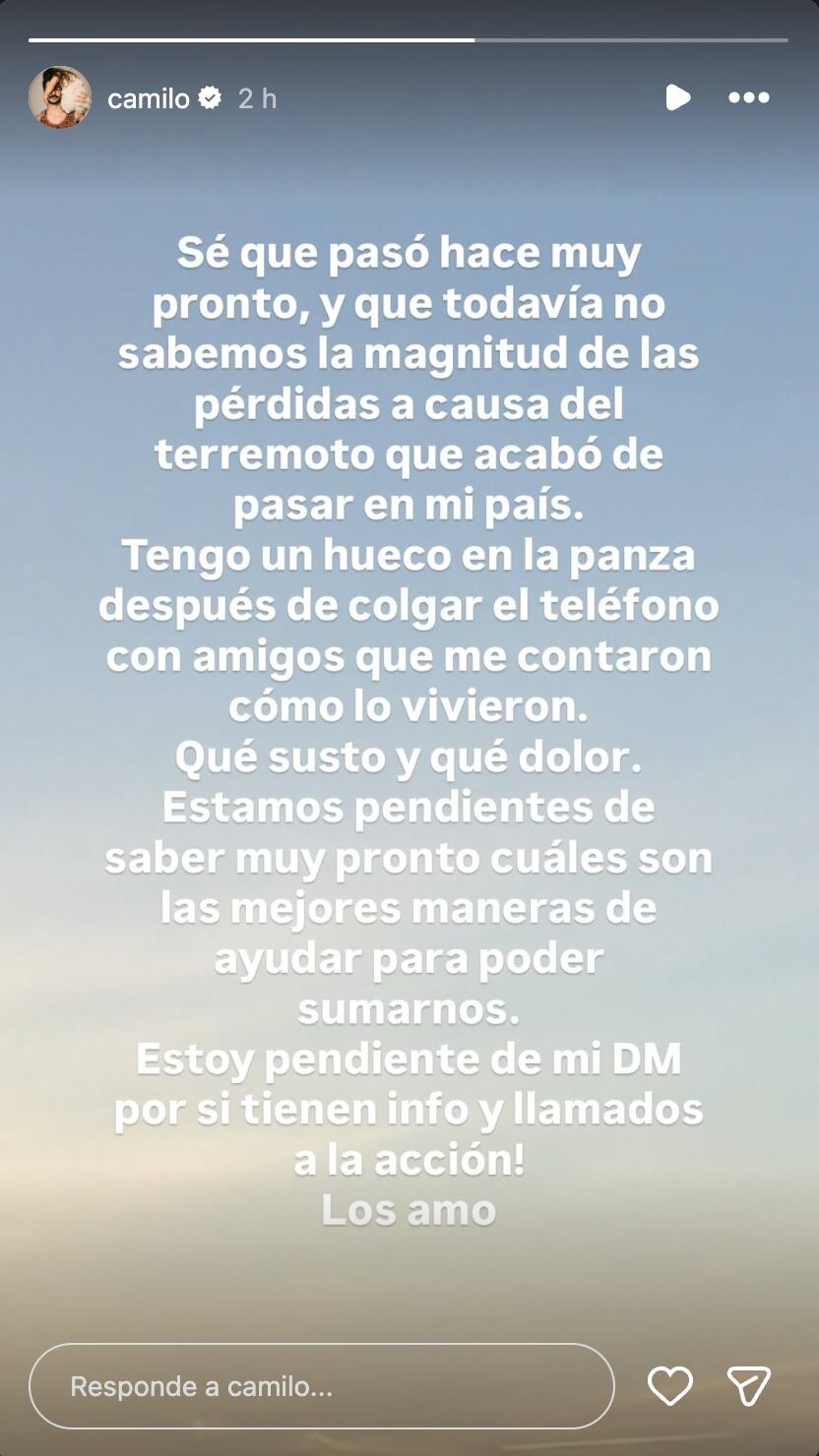 Camilo reacciona al terremoto en Colombia