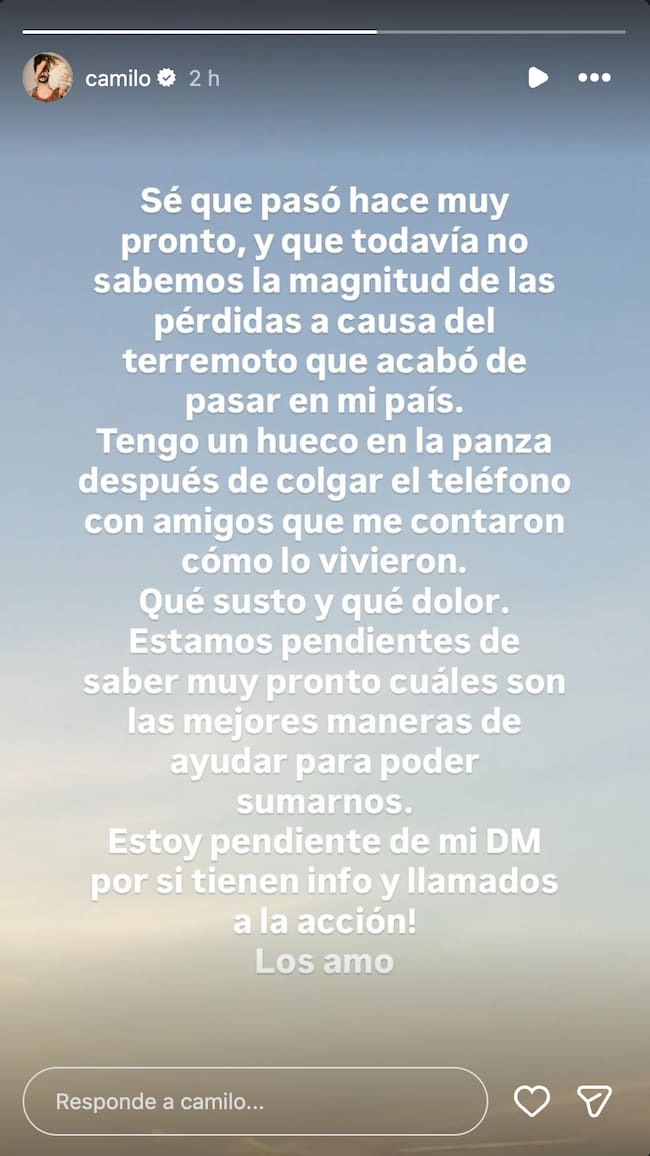 Camilo reacciona al terremoto en Colombia