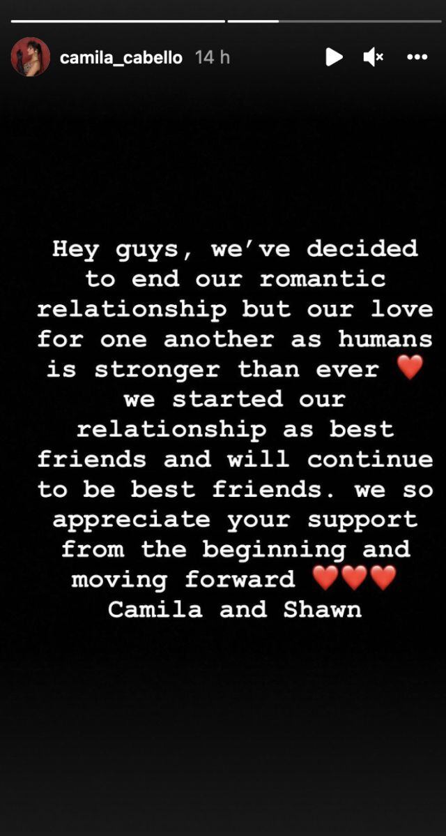 Shawn Mendes y Camila Cabello anunciaron el fin de su relación a través de Instagram