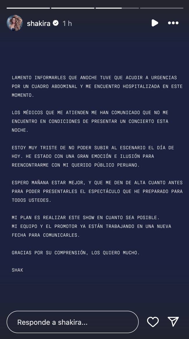 Shakira concierto en Perú debido a un cuadro abdominal