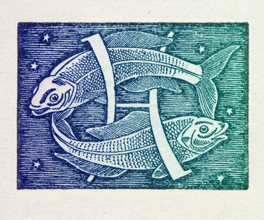 Pisces is the twelfth sign of the zodiac of western astrology, mobile and water; from 20 February to 20 March. Colored version of woodcut of 1942. Italy, Milan 2012. (Photo by Fototeca Gilardi/Getty Images)