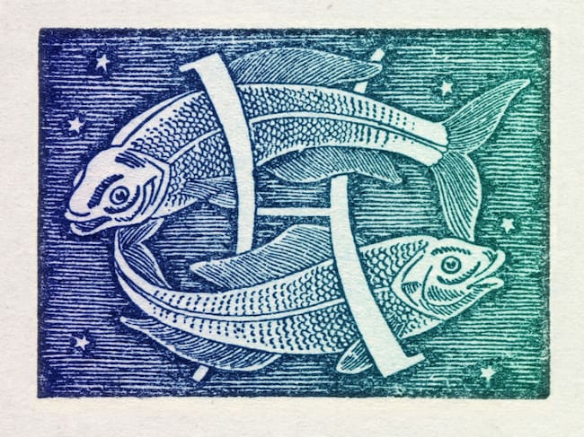Pisces is the twelfth sign of the zodiac of western astrology, mobile and water; from 20 February to 20 March. Colored version of woodcut of 1942. Italy, Milan 2012. (Photo by Fototeca Gilardi/Getty Images)
