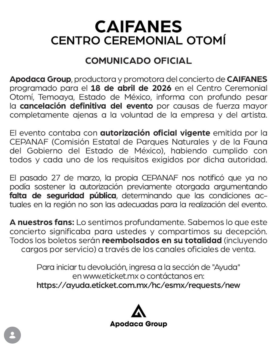 Comunicado de Caifanes y Apodaca Group sobre la cancelación del concierto.