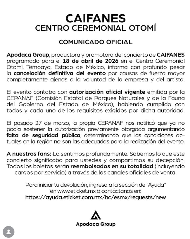 Comunicado de Caifanes y Apodaca Group sobre la cancelación del concierto.