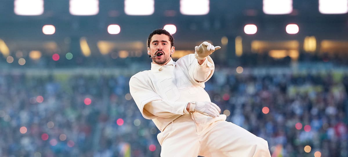 SANTA CLARA, CALIFORNIA - FEBRUARY 08: Musician Bad Bunny performs during the Apple Music halftime show at the NFL Super Bowl LX football game between the Seattle Seahawks and New England Patriots at Levi Stadium on February 8, 2026 in Santa Clara, California. (Photo by Todd Rosenberg/Getty Images)