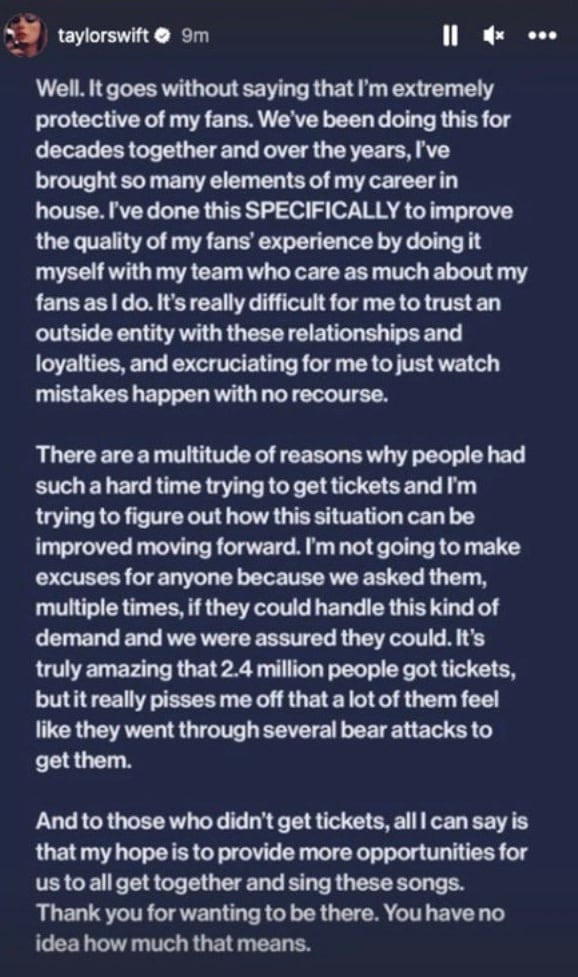 Publicación de Taylor Swift en Instagram.