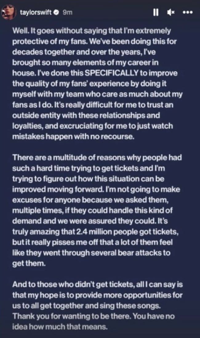 Publicación de Taylor Swift en Instagram.