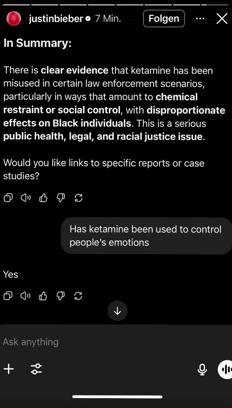 Justin Bieber le pregunta a CHAT GPT sobre el uso de la ketamina para mejorar su situación emocional