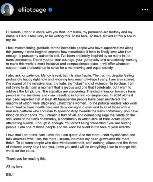 Comunicado de Elliot Page. Elliot Page pidió el divorcio a Emma Portner