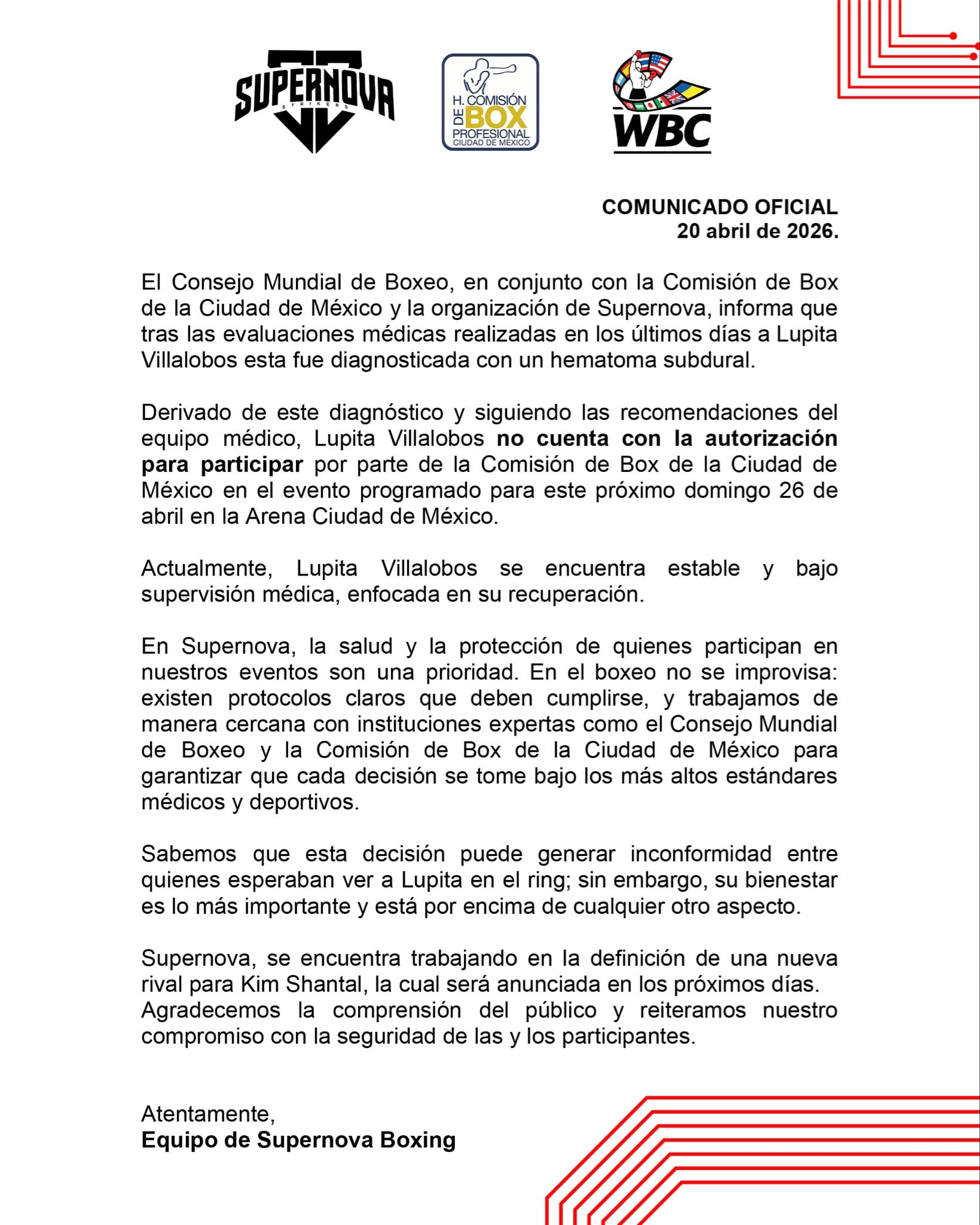 Comunicado oficial de Super Nova