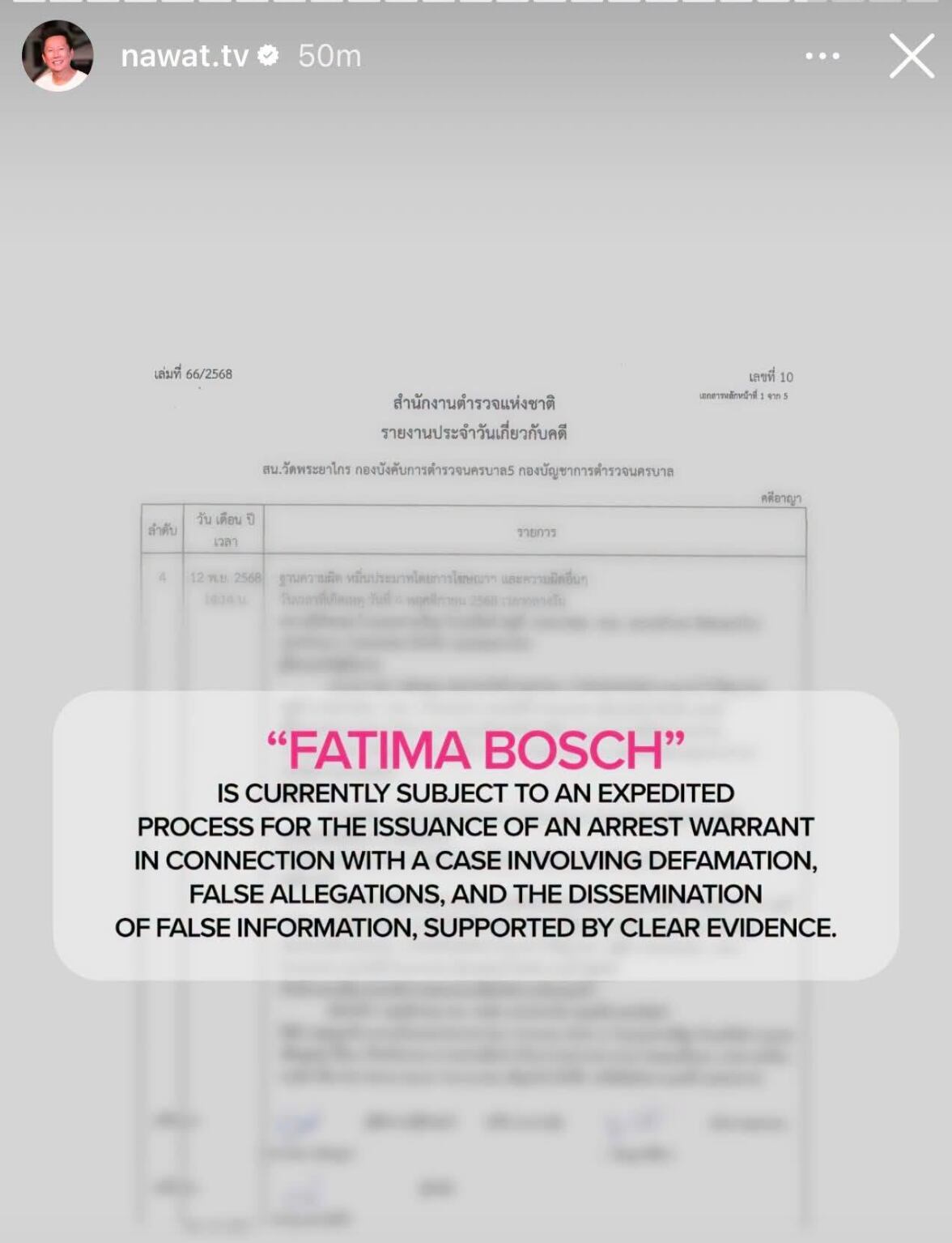Nawat Itsaragrisil acusa a Fátima Bosch de difamación