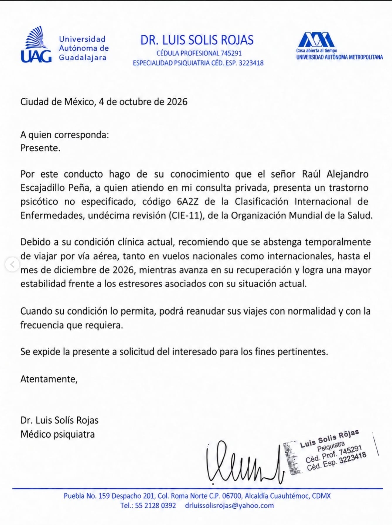 Informe médico emitido por el psiquiatra de Alex SyntekImagen: Instagram @syntekoficial