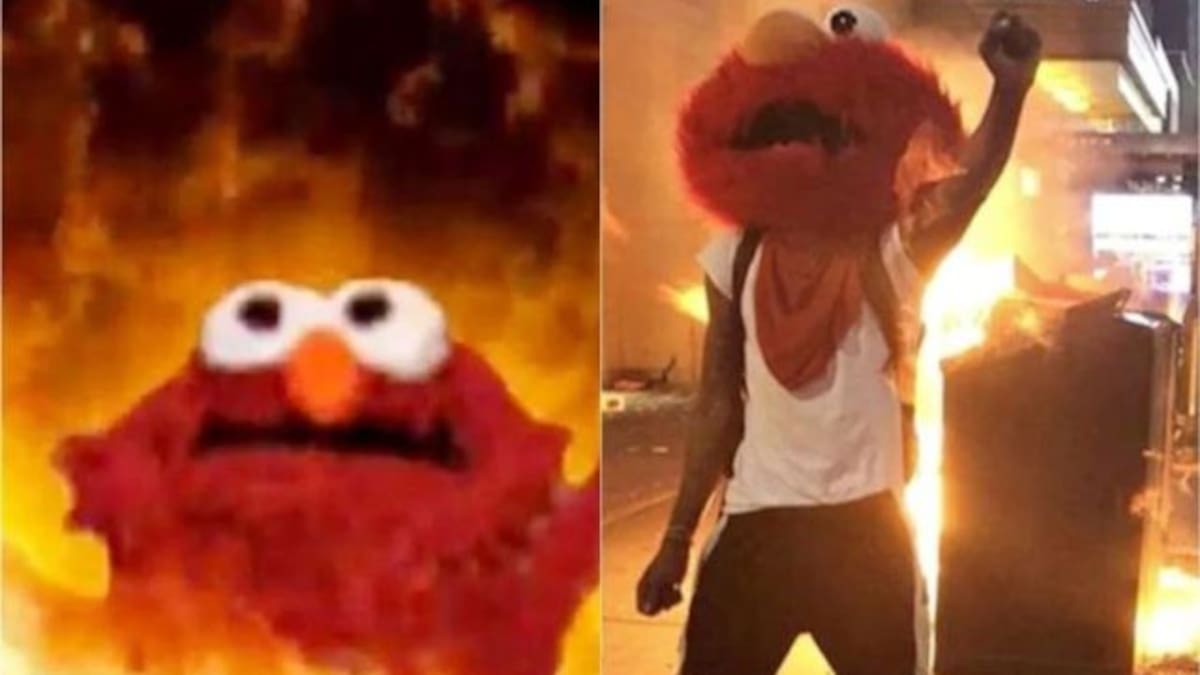 Recrean meme de Elmo en llamas para manifestación