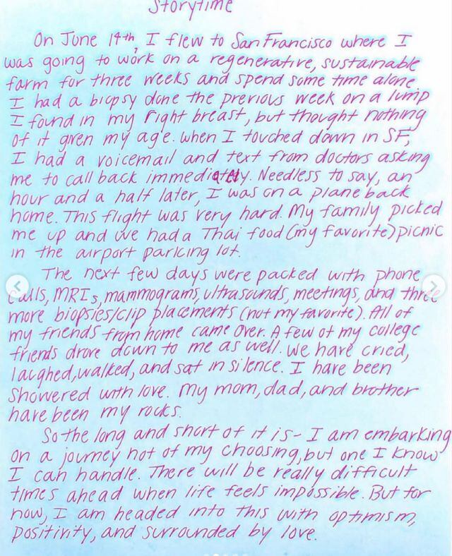 Miranda Mckeon compartió en una carta cómo fue que se enteró de su cáncer de mama